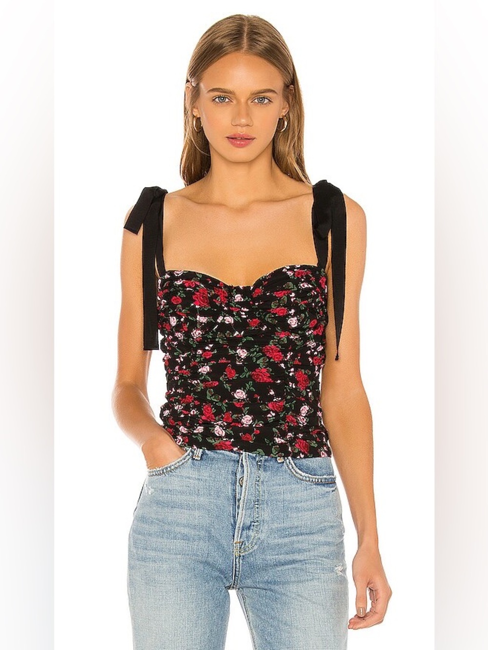 For Love & Lemons Floral Bustier Ruched Tie-Shoulder Cami Tank Top